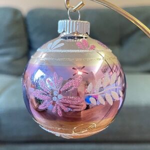 Radko Shiny Brite Glitter Stripe Ornament ball poinsettia purple green‎ flower